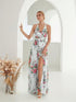 Elegant Flower Print Chiffon Dress for Women - Sexy Halter V Neck Backless Long Summer Fashion Party Dress